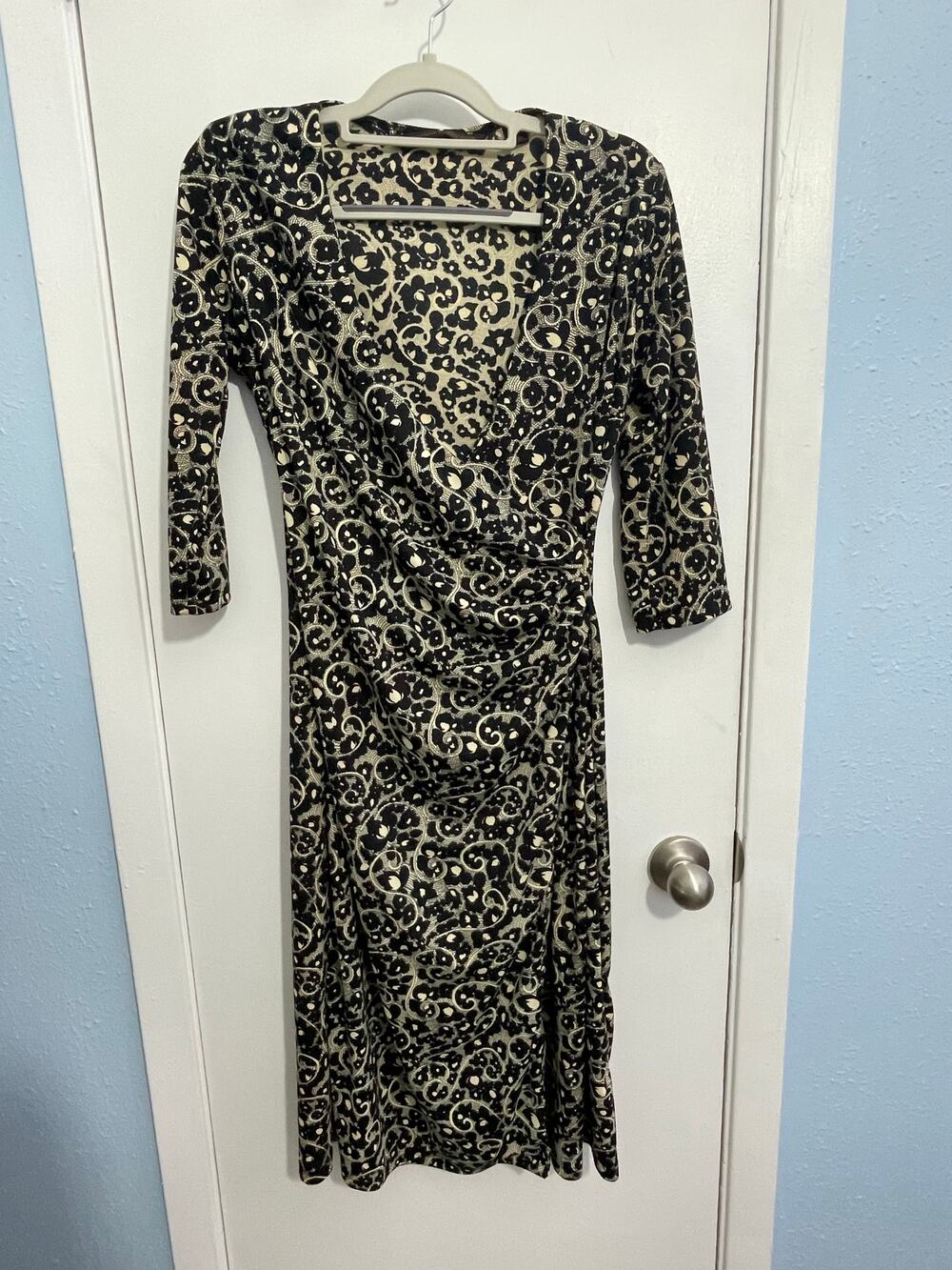 Y2K VTG David Loren Dress Small Faux Wrap Black Gold Floral Whimsygoth